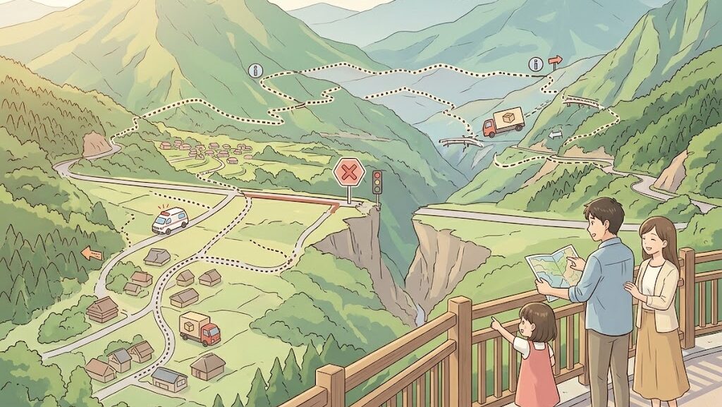 交通が寸断された阿蘇地域と迂回ルートを示す教育的イラスト