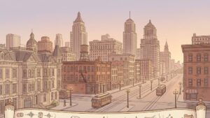 1900年代初頭のアメリカ都市の風景と歴史記録のイメージ、アニメ調イラスト