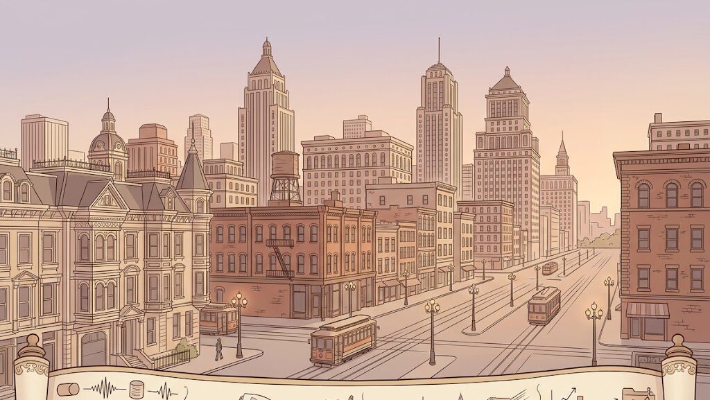 1900年代初頭のアメリカ都市の風景と歴史記録のイメージ、アニメ調イラスト