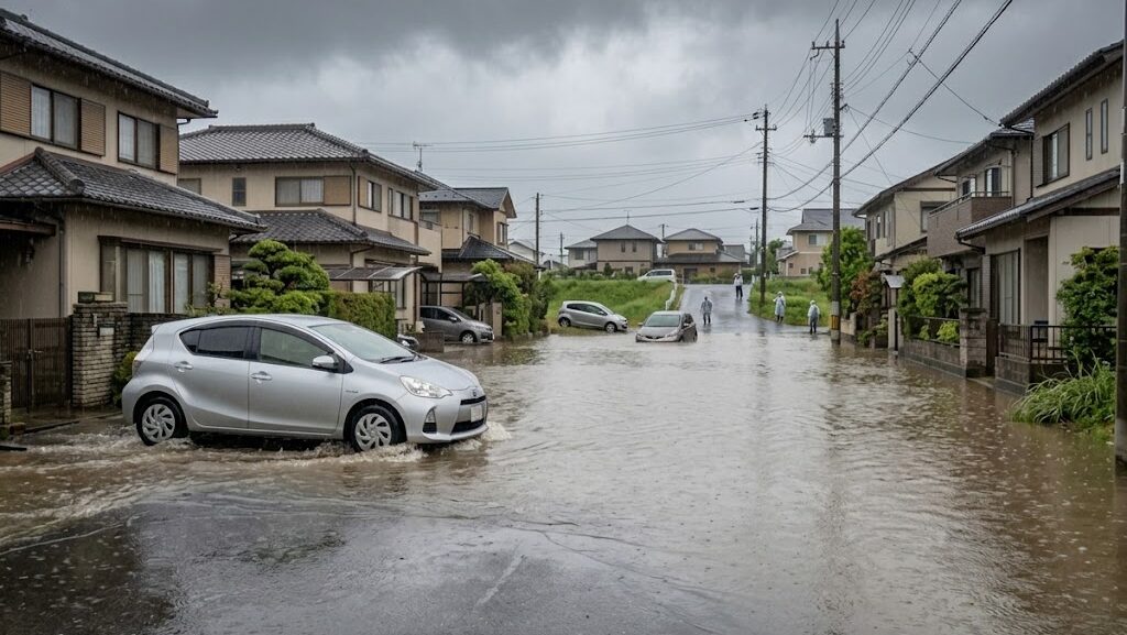 大雨で冠水した道路と停車中の車を捉えた水害時の注意を示す実写写真