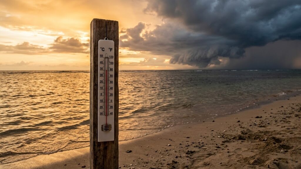 温暖化する海と遠方に迫る台風を表す写真風イメージ