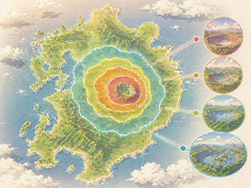 阿蘇山で繰り返された4回の巨大噴火の範囲をイメージした地図イラスト