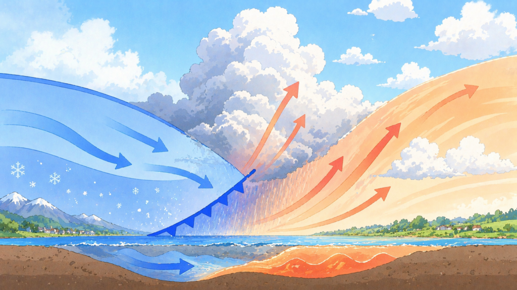 寒冷前線断面図のイラスト。寒気が暖気の下に潜り込み暖気が上昇する様子