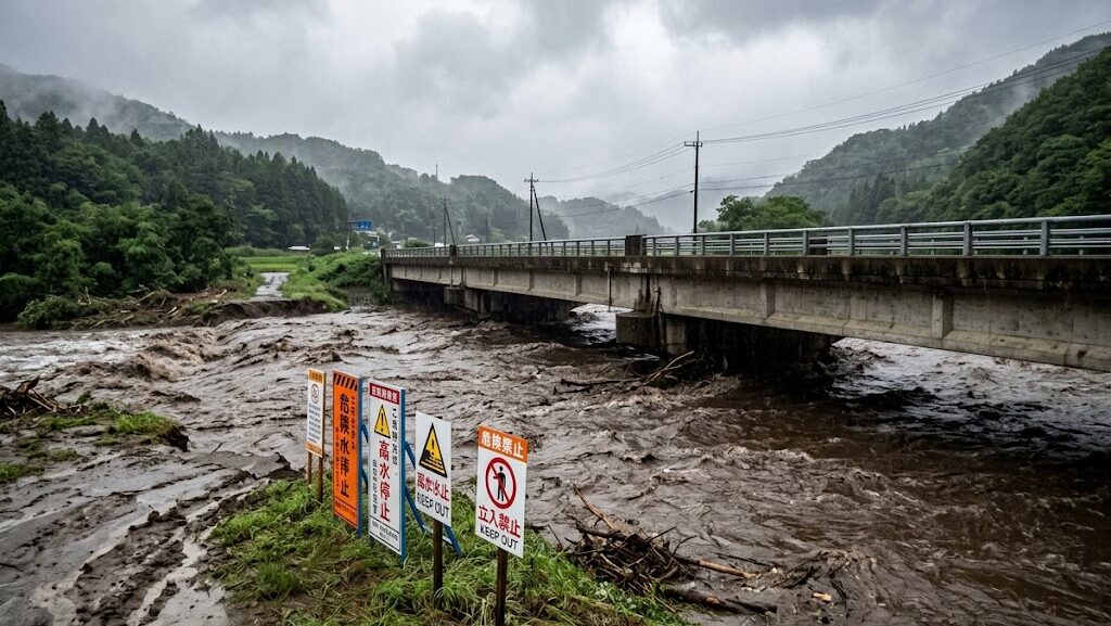豪雨後に増水した茶色い川と警戒標識の写真風イメージ