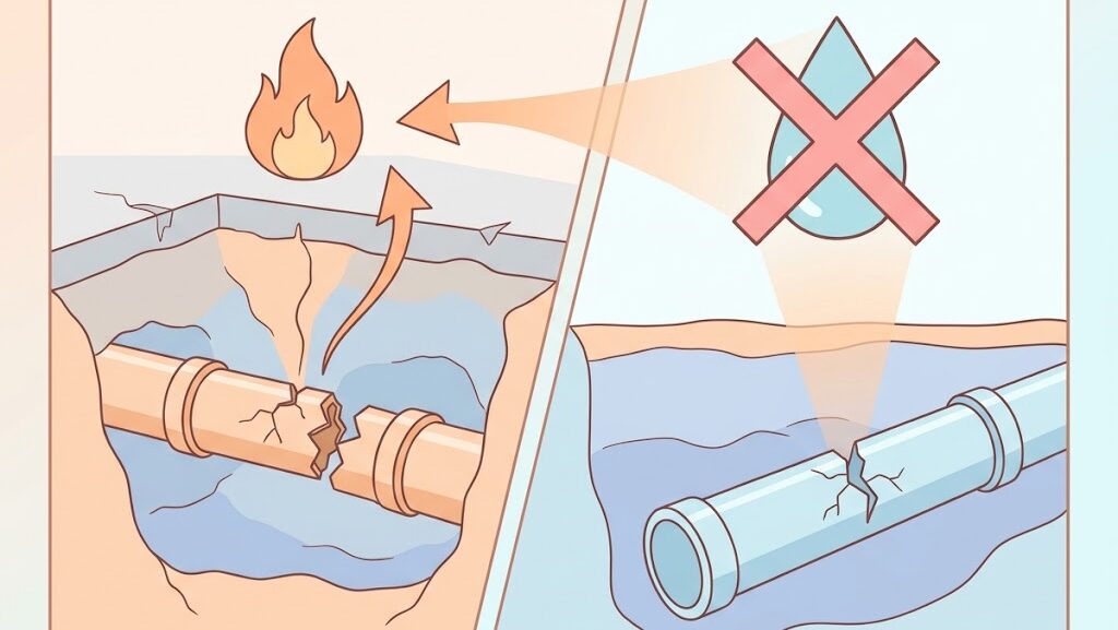 ガス管破損と消火水不足による地震火災拡大のメカニズム図解、アニメ調イラスト