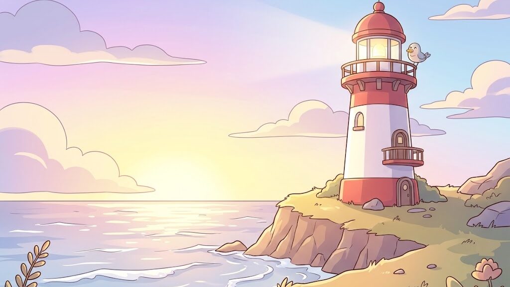 夜明けの海岸に立つ灯台と穏やかな波のイラスト