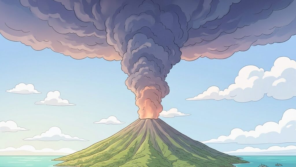 成層圏まで届く巨大な噴煙柱を描いたアニメ調イラスト