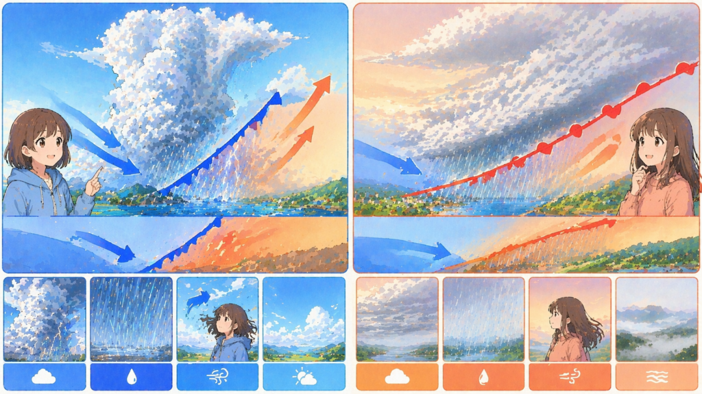 寒冷前線(積乱雲・急傾斜)と温暖前線(乱層雲・緩傾斜)の違いを比較したイラスト