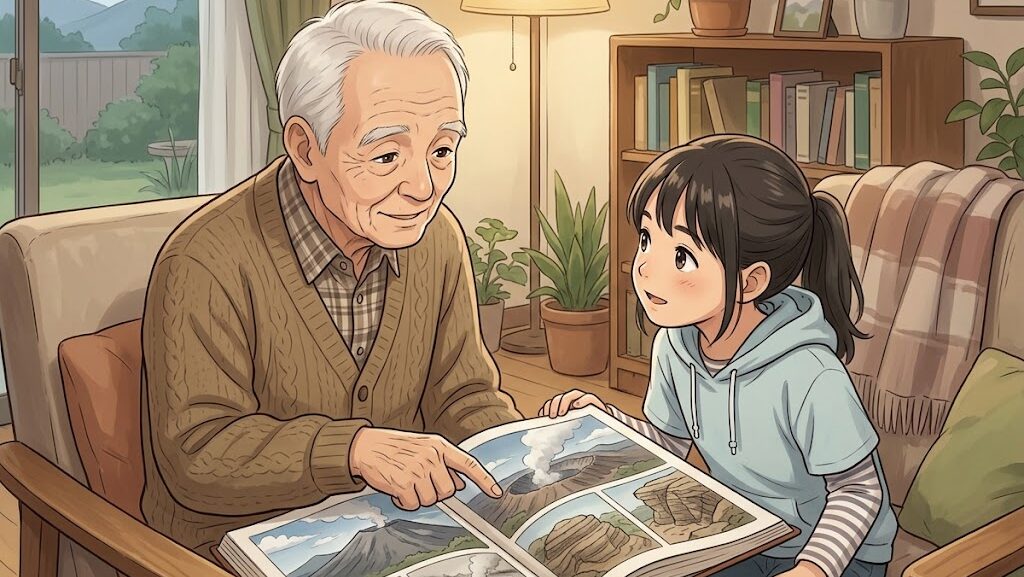 阿蘇山カルデラ噴火の歴史と教訓を次世代に伝える様子を表したイラスト