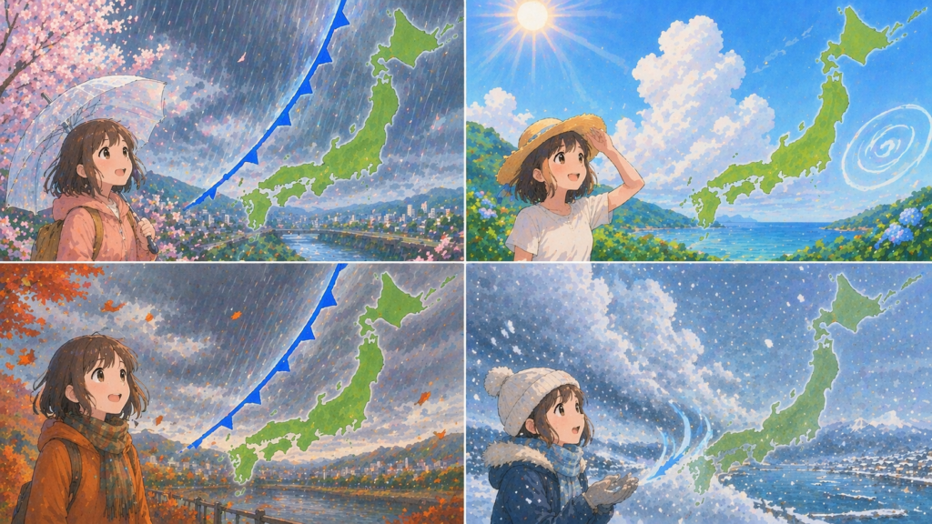 日本の四季と寒冷前線の通過頻度・地域差を示した季節別気象イラスト