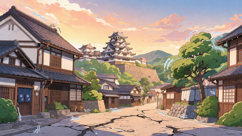 熊本地震の概要を表す街並みと地震のイメージイラスト