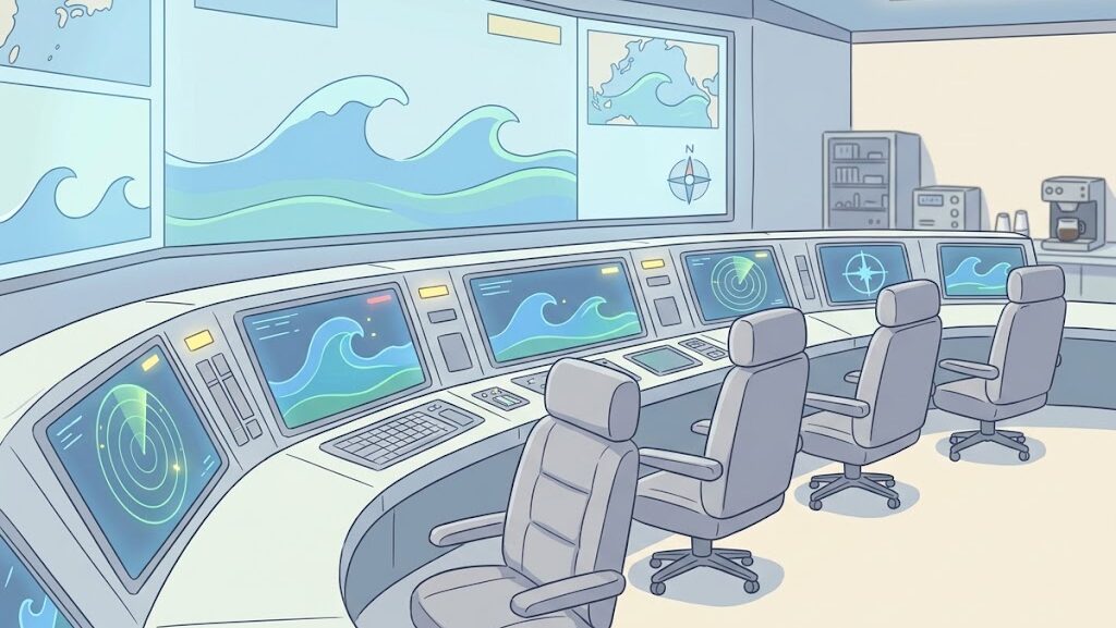 津波監視システムの不在を示したモニタリングセンターのイラスト