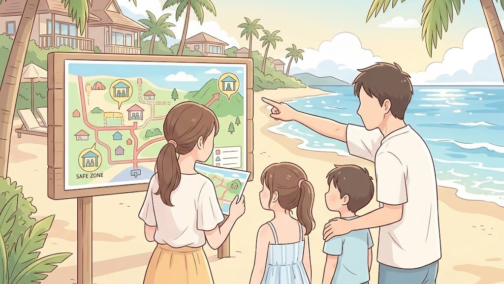 海外リゾートで避難マップを確認する旅行者のイラスト