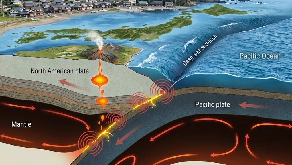 太平洋プレートが北米プレートに沈み込む仕組みを表した断面図イラスト