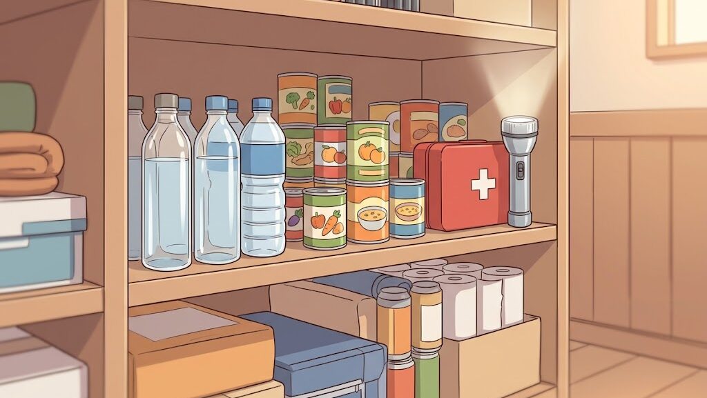水・食料・懐中電灯・救急セットが整然と並ぶ備蓄棚のアニメ調イラスト