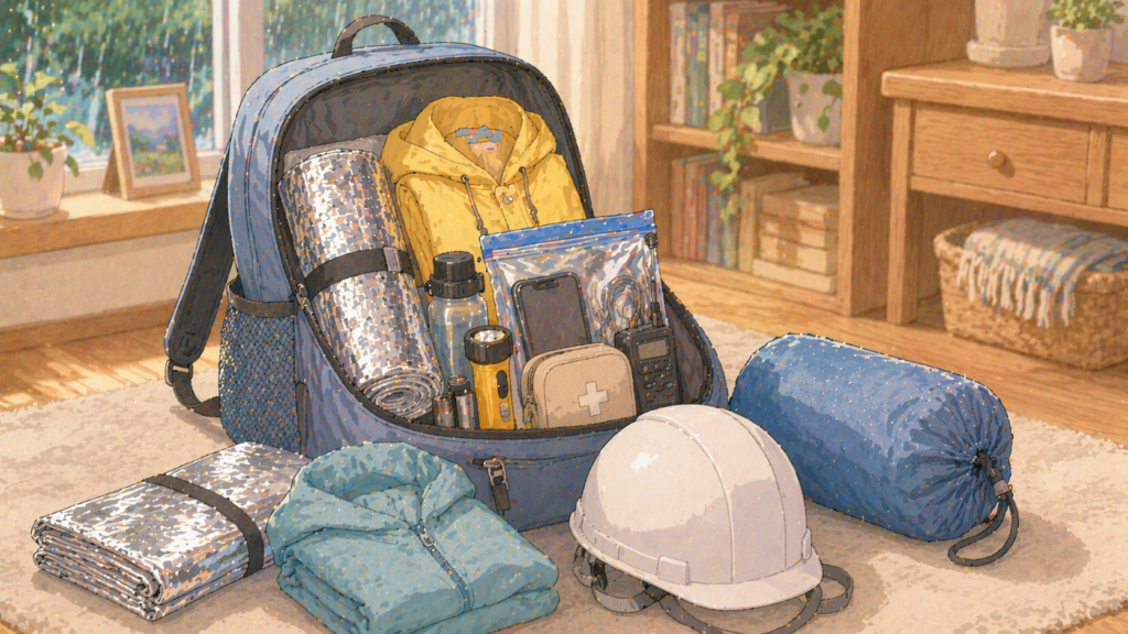 寒冷前線対策の防災グッズ(レインウェア・保温シート・防水袋・ヘルメット)が入った持ち出し袋のイラスト