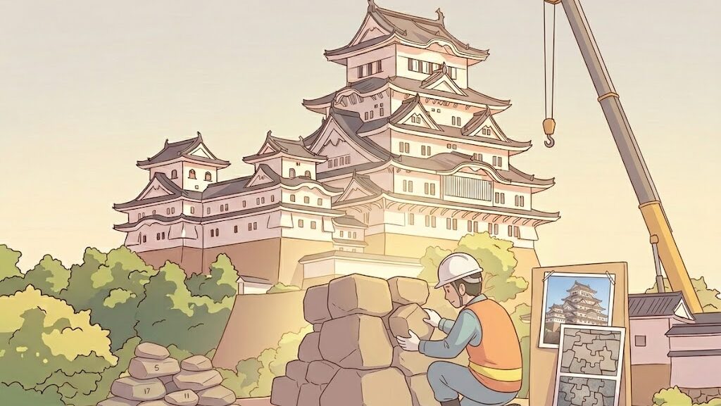 石材に番号を付けて記録する作業員のイラスト