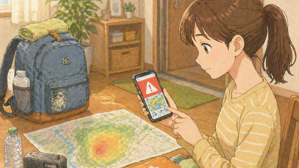 防災アプリで噴火警戒レベルを確認し持ち出し袋を準備する様子のイラスト