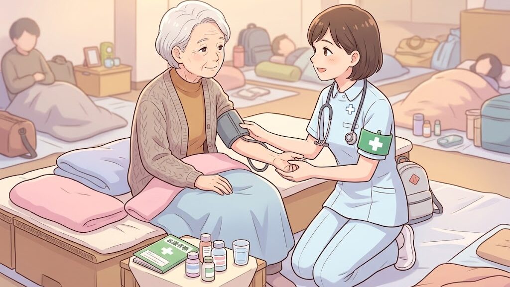 避難所で持病のある高齢者が医療スタッフにケアされるイラスト