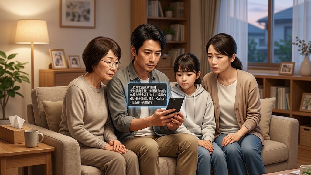 後発地震注意情報をスマートフォンで確認する家族のイラスト