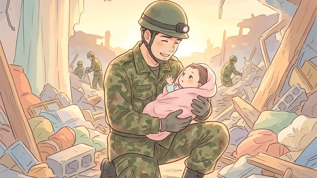 制服を着た救助隊員が赤ちゃんを優しく抱き上げる感動的なアニメ調イラスト