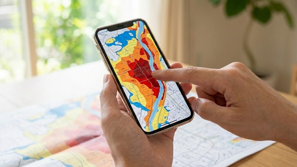 スマートフォンで洪水キキクルの危険度分布をリアルタイム確認している様子の写真