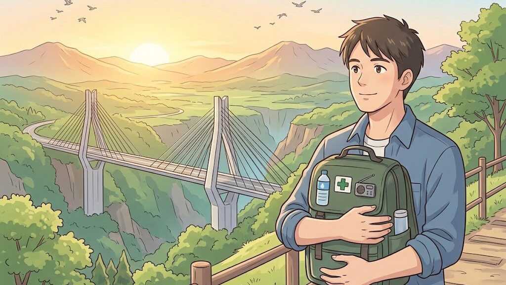 熊本地震と阿蘇大橋の教訓を胸に防災備えを持つ人物のイラスト