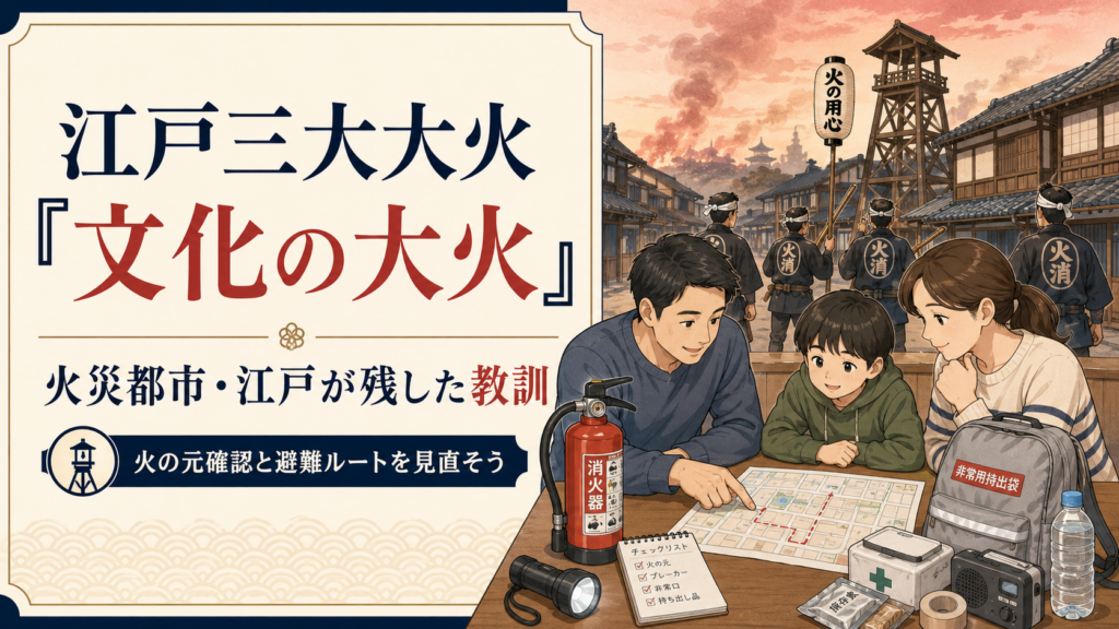 江戸三大大火の一つである文化の大火を教訓に、江戸の町火消と現代の家族が火の元確認や避難ルートを見直す防災イラスト