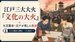 江戸三大大火の一つである文化の大火を教訓に、江戸の町火消と現代の家族が火の元確認や避難ルートを見直す防災イラスト