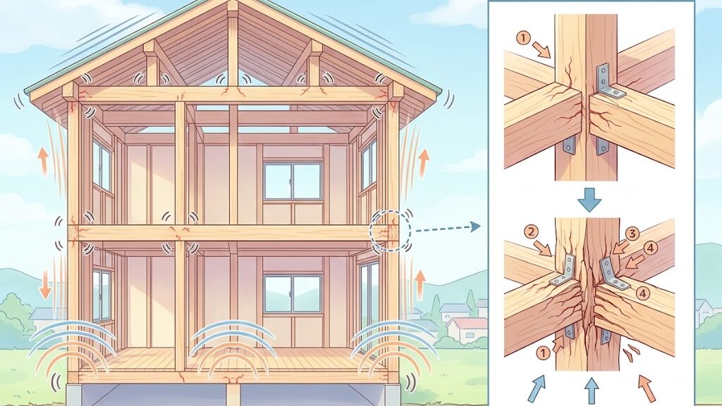繰り返す揺れで木造住宅の接合部にダメージが蓄積される仕組みを示した図解イラスト