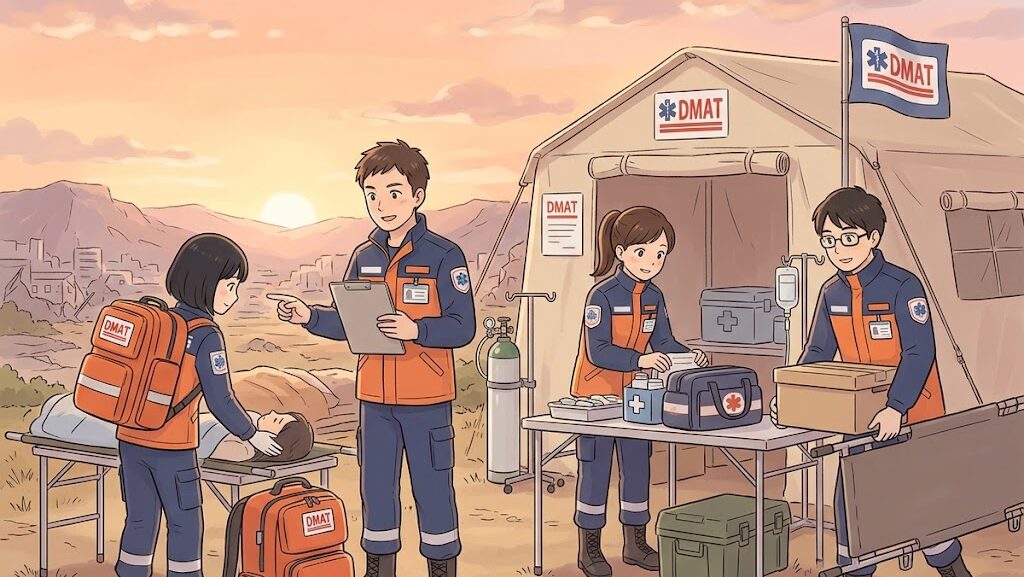 DMAT隊員が野外医療活動を行うアニメ調イラスト