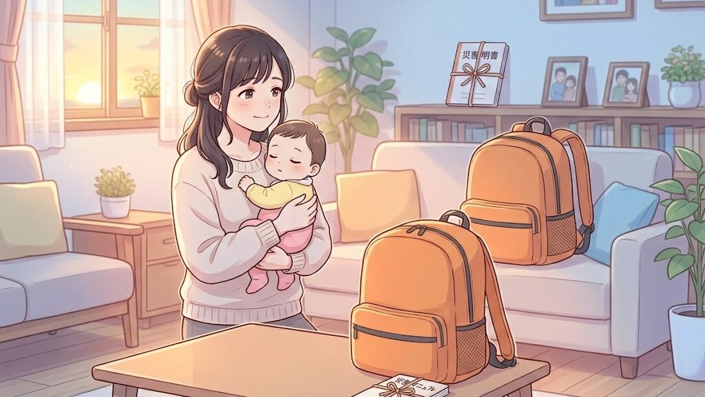 朝日を背に赤ちゃんを抱きしめるお母さんの希望に満ちたアニメ調イラスト