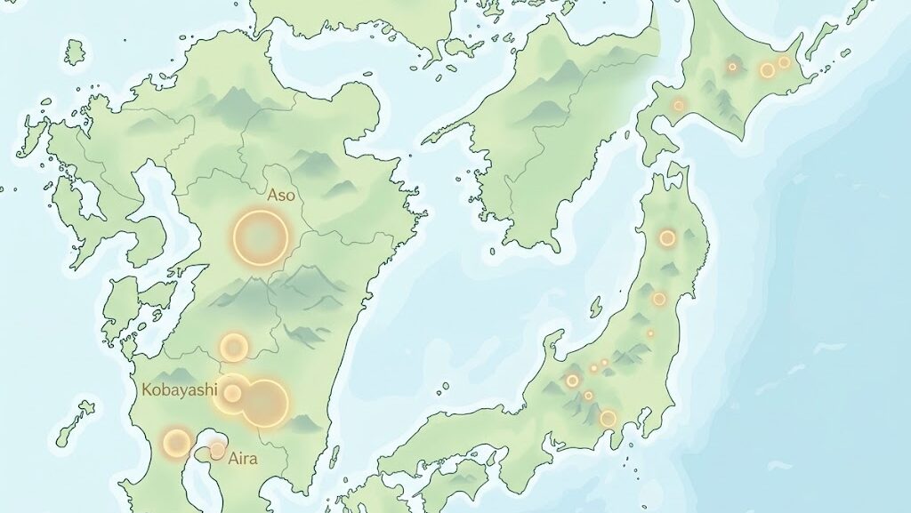 九州を中心とする日本の主要カルデラ火山の位置を示したイラスト地図