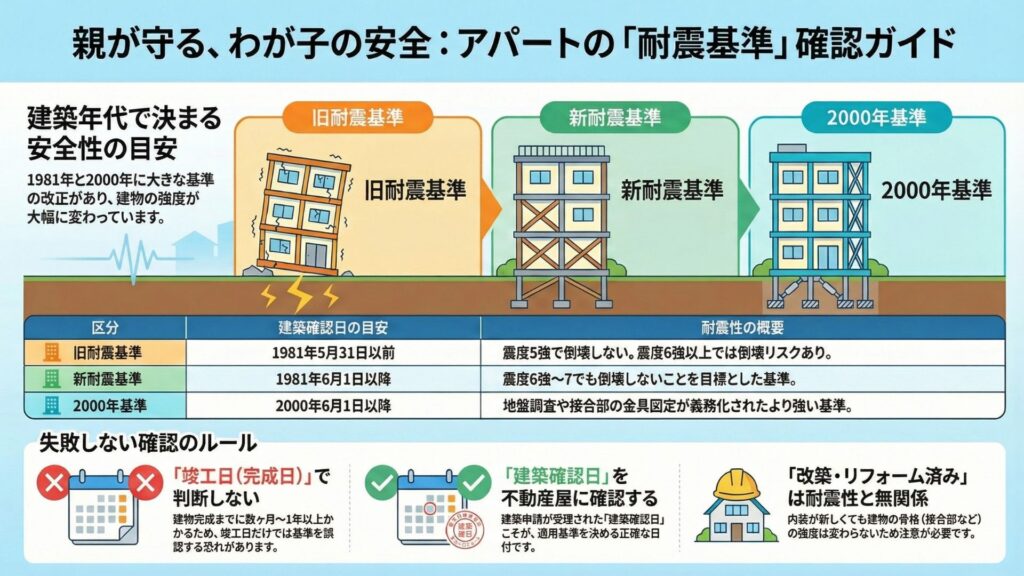 アパートの耐震基準(旧耐震・新耐震・2000年基準)の違いを建築年代別に比較し、正しい確認方法(建築確認日で判断するなど)をまとめたインフォグラフィック。