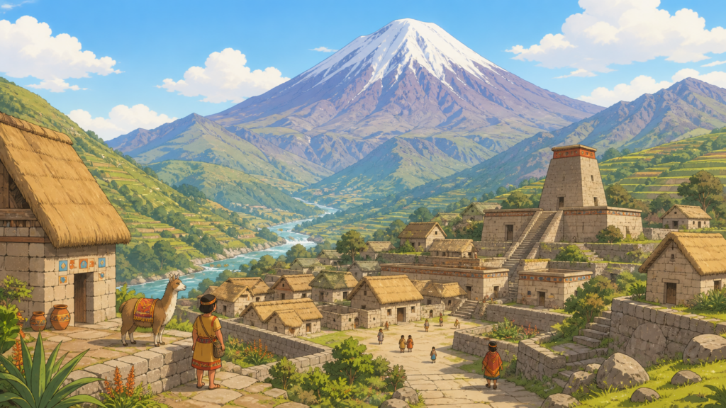 アンデス山脈の雪をかぶった活火山と山麓の街のイラスト