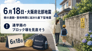 6月18日の大阪府北部地震を教訓に、通学路のブロック塀の危険と朝の登校時の備えを伝える防災イラスト