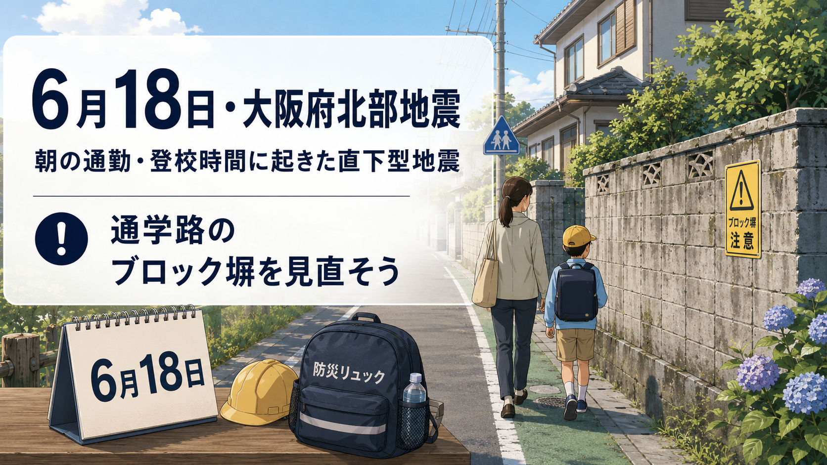 6月18日の大阪府北部地震を教訓に、通学路のブロック塀の危険と朝の登校時の備えを伝える防災イラスト
