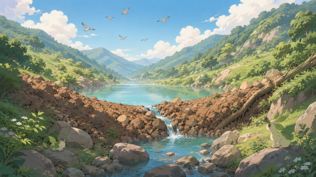 山間部に形成された天然ダム（地震湖・堰止湖）を描いたやさしいイラスト