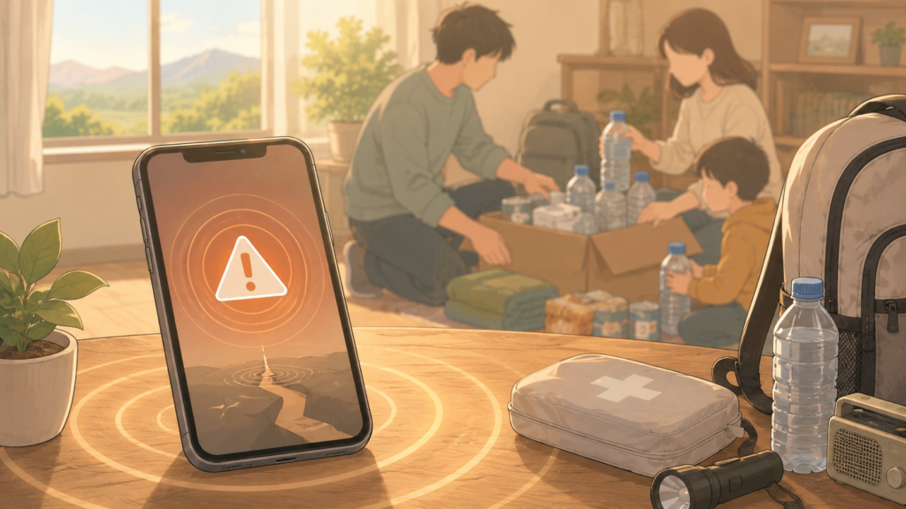 緊急地震速報を受信するスマートフォンと防災行動のイラスト