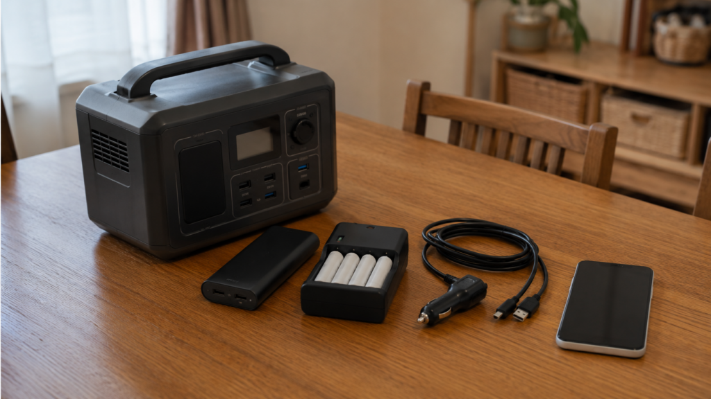 停電時のスマホ充電手段が並んだ防災グッズ
