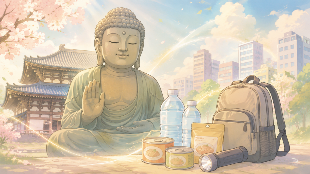 奈良時代の大仏と現代の防災グッズを対比したやさしいイラスト