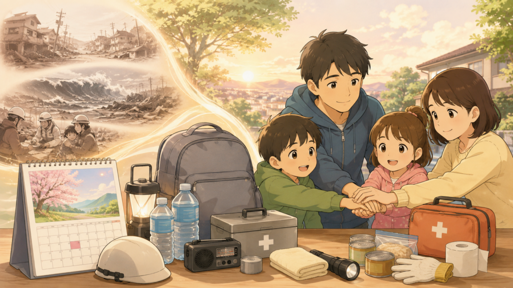 5月18日の防災カレンダーと家族の備えを描いたアニメイラスト