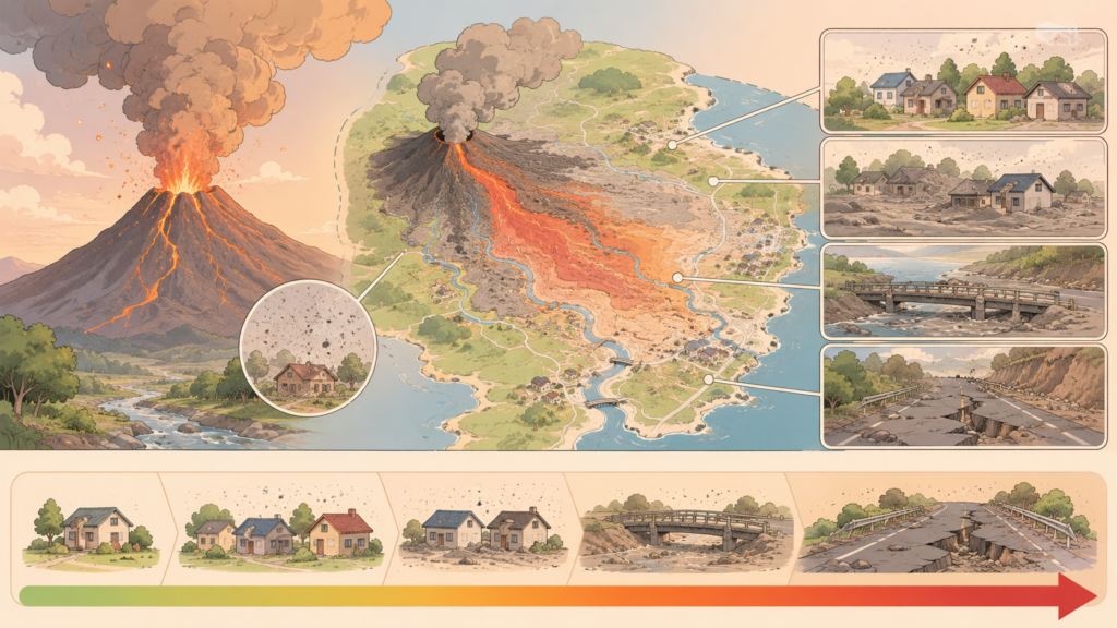 火山噴火による被害規模を図解したアニメ調インフォグラフィック