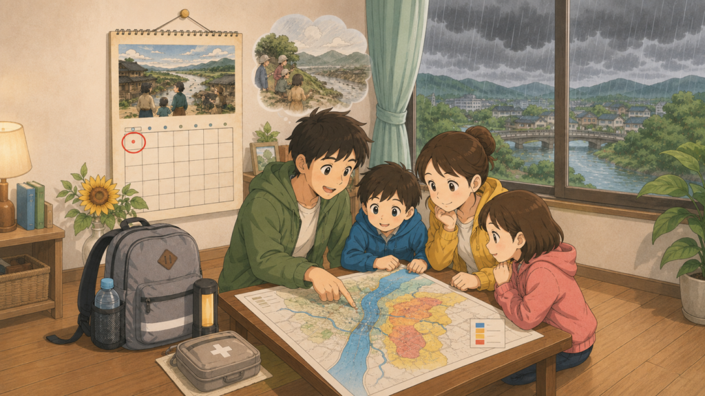 西日本豪雨（平成30年7月豪雨）の教訓からハザードマップで備えを確認する家族のイラスト