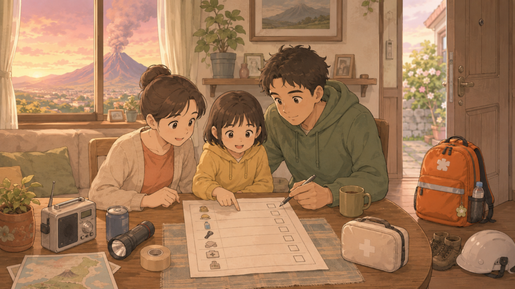 長期避難生活をイメージした家族と仮設住宅の温かいイラスト