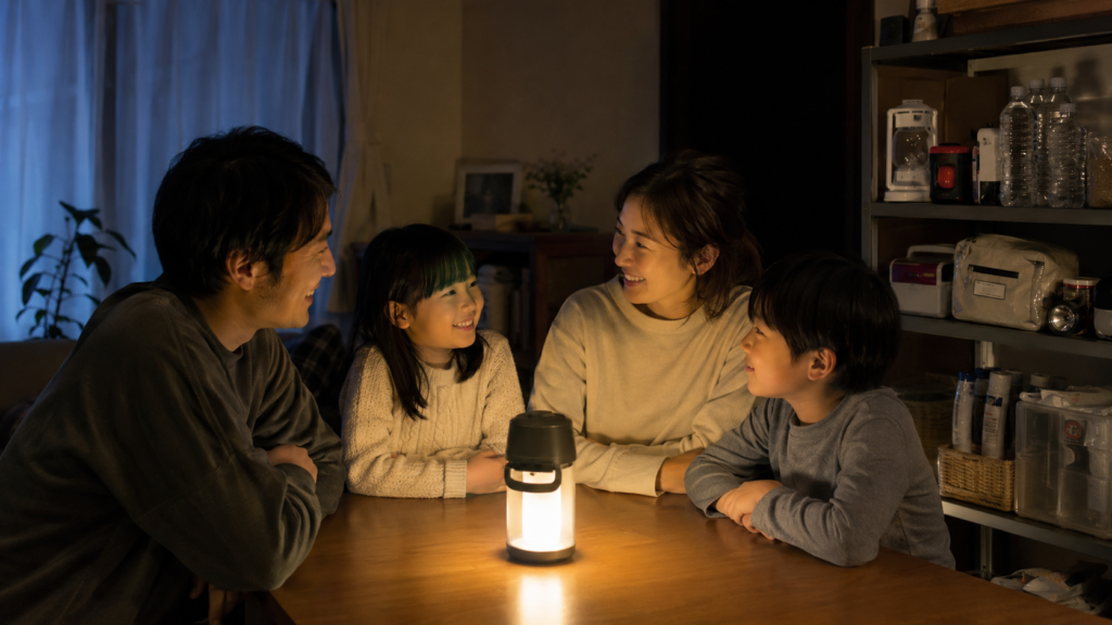 停電対策が整った家で安心して過ごす家族