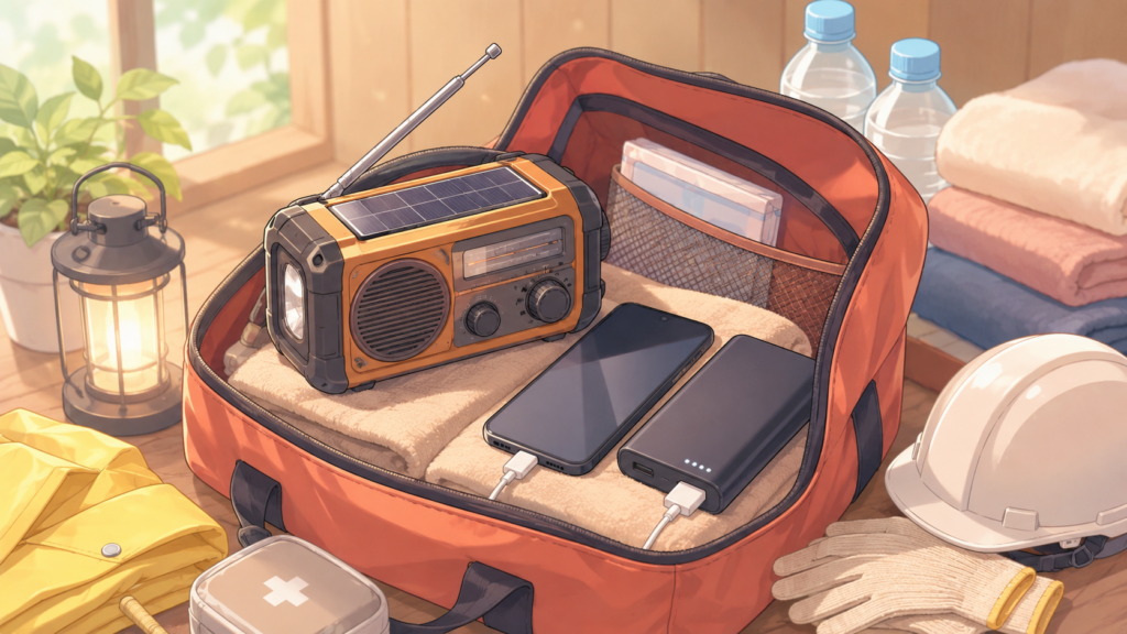 防災ラジオとモバイルバッテリーを備えた情報収集グッズのイラスト