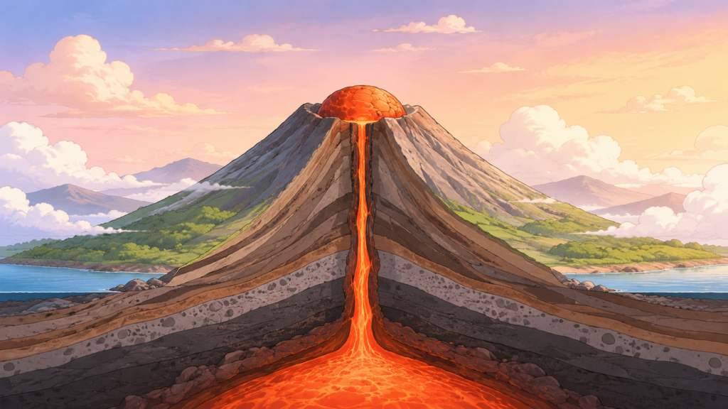 雲仙普賢岳の溶岩ドームをイメージした教育的なイラスト