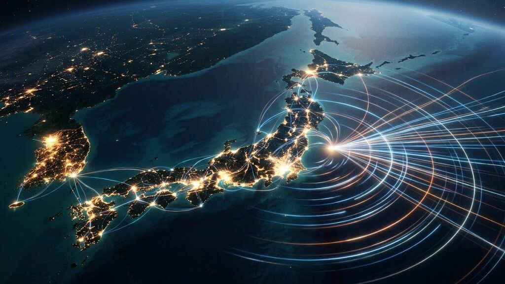 夜の日本列島に緊急地震速報の信号が伝播していくイメージの俯瞰図