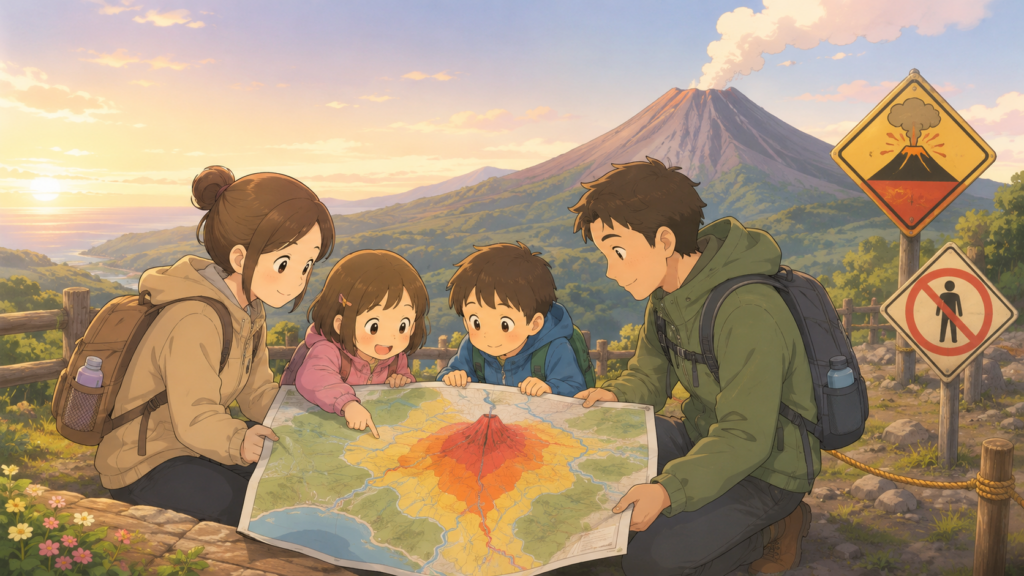 火山ハザードマップを確認する家族のアニメイラスト